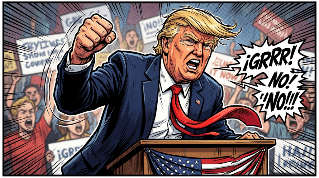 Angry man with blond hair in suit shouting at podium decorated with American flag, crowd with protest signs behind