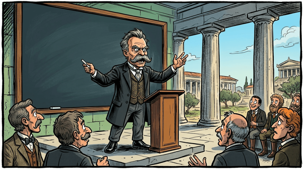 Philosopher in toga lecturing about the Übermensch with blackboard text and attentive ancient listeners