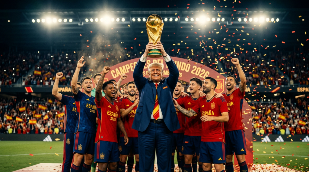 Spain football team celebrating holding 2026 World Cup trophy with confetti and cheering crowd