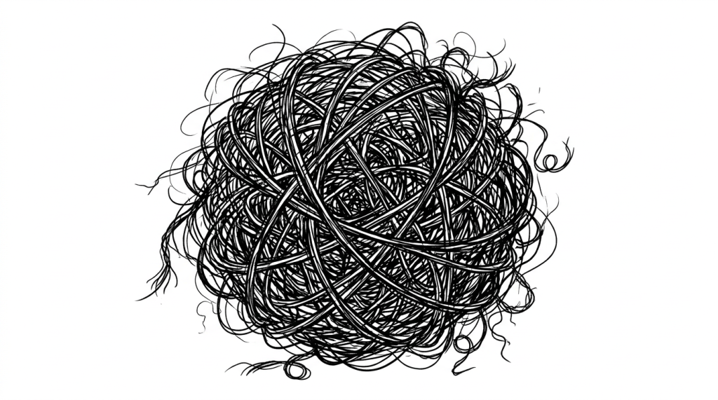 Dense black scribbled lines forming a tangled abstract mass on white background