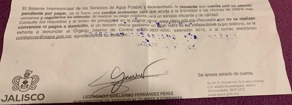 aviso del siapa por adeudo en jalisco
