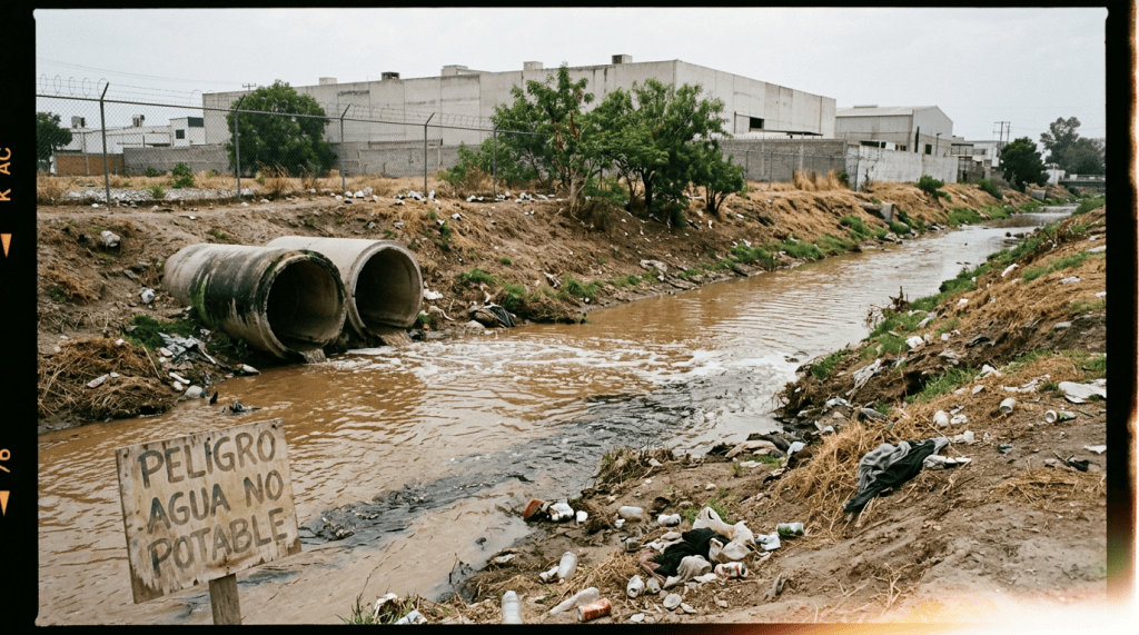 Polluted canal beside factories with sign reading “PELIGRO AGUA NO POTABLE”